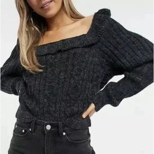 NWT TOPSHOP Sweater, Dark Gray Acrylic Soft Ruffle Square Neckline Casual, 8-10
